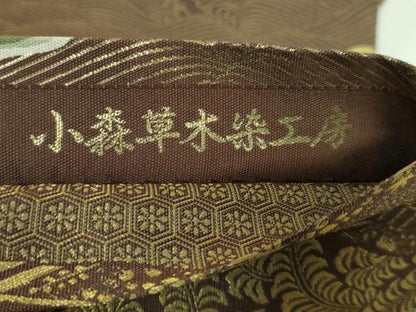 平和屋着物●極上　本場筑前博多織　草木染　手織工房　染匠：小森久　両面　全通柄袋帯　三十六歌仙道長　金糸　逸品　DZAA9032kh5