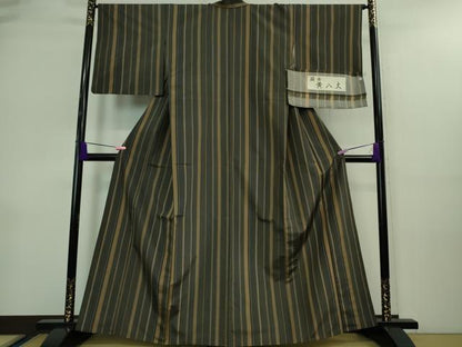 平和屋着物▽極上 繭蚕 黄八丈 紬 単衣 縞 根広織物謹製 証紙付き 逸品 DZAA9056kh5
