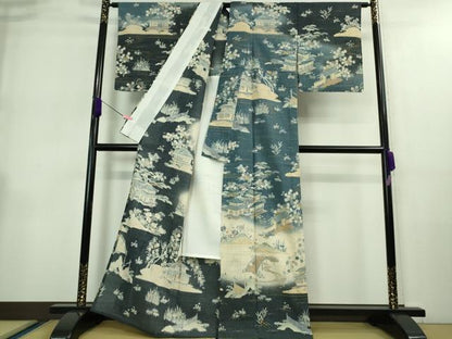 平和屋本店▽極上 染織の名門 しょうざん 生紬 訪問着 単衣 渡橋風景花文 鈴乃屋扱い 逸品 DZAA9058kh5