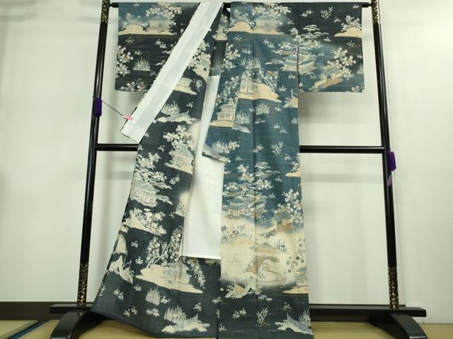 平和屋本店▽極上 染織の名門 しょうざん 生紬 訪問着 単衣 渡橋風景花文 鈴乃屋扱い 逸品 DZAA9058kh5