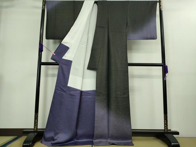 平和屋本店●極上　久保田一竹　幻の辻が花　訪問着　ロング丈　南天草葉地紋　暈し染め　黒地　金通し地　反端付き　逸品　DZAA9061kh5