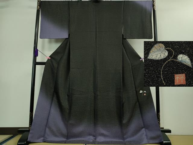 平和屋本店●極上　久保田一竹　幻の辻が花　訪問着　ロング丈　南天草葉地紋　暈し染め　黒地　金通し地　反端付き　逸品　DZAA9061kh5