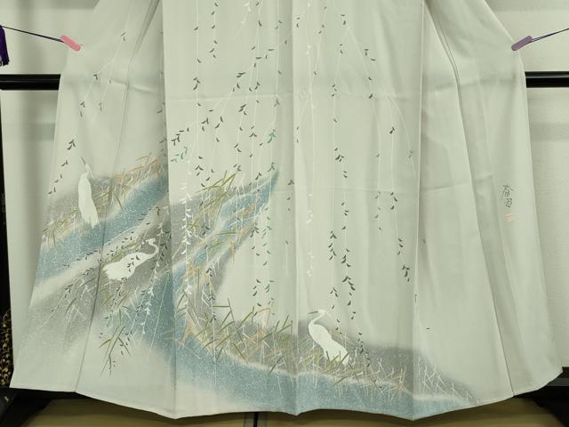 平和屋着物▽極上 京友禅作家 山科春宣 訪問着 単衣 白鷺 枝垂れ柳 暈し染め 紫水晶色地 反端付き 逸品 未使用 DZAA9075kh5