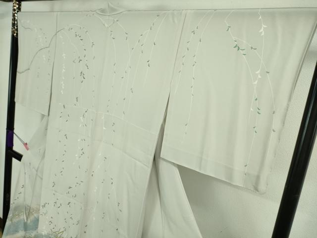平和屋着物▽極上 京友禅作家 山科春宣 訪問着 単衣 白鷺 枝垂れ柳 暈し染め 紫水晶色地 反端付き 逸品 未使用 DZAA9075kh5