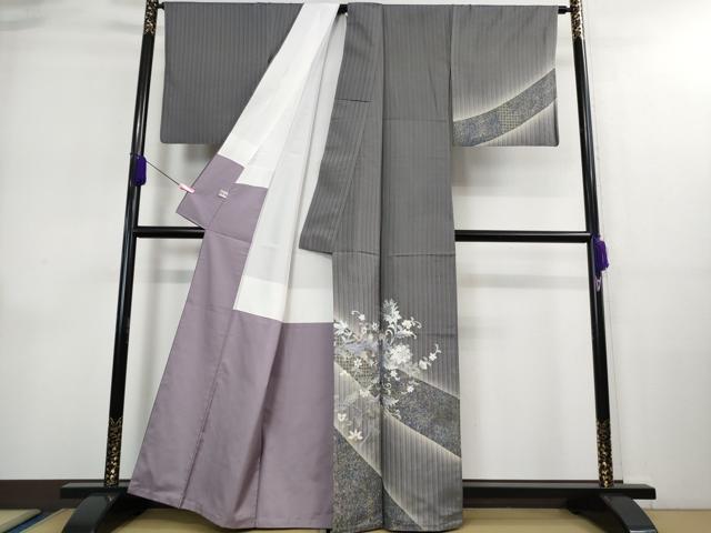 平和屋本店■極上 金彩友禅 卓越技能者・名工・和田光正 訪問着 紬地 花唐草文 薄鼠色地 暈し染め 金銀彩 まるやま扱い　逸品　DZAA9076kh5