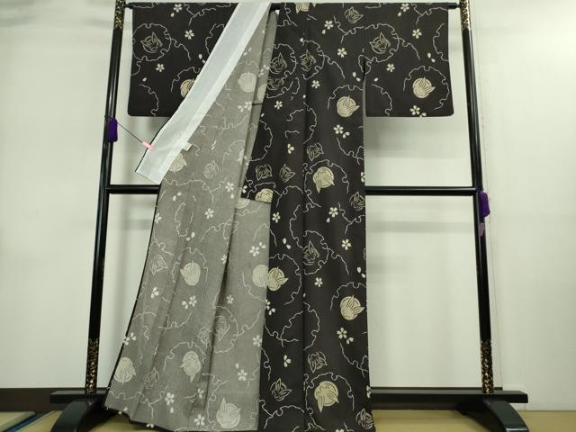 平和屋着物▽極上 小紋 単衣 雪輪 花兎 うさぎ 黒紅色地 洗える着物 逸品 DZAA9077kh5