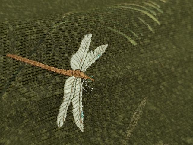 平和屋着物＊極上 夏物 訪問着 刺繍 絽 手描き 蜻蛉 トンボ 芒 暈し染め 金彩 逸品 DZAA9087kh5