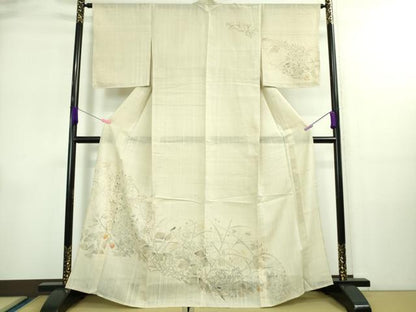 平和屋着物＊極上 夏物 訪問着 生紬 手描き 秋草 鬼灯 ほおずき 蜻蛉 練色地 逸品 未使用 DZAA9102kh5