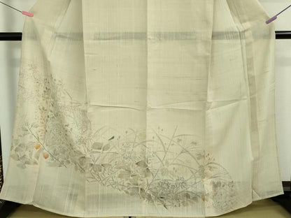 平和屋着物＊極上 夏物 訪問着 生紬 手描き 秋草 鬼灯 ほおずき 蜻蛉 練色地 逸品 未使用 DZAA9102kh5