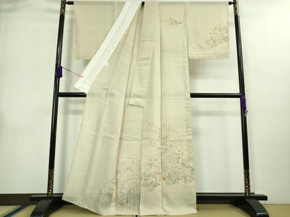 平和屋着物＊極上 夏物 訪問着 生紬 手描き 秋草 鬼灯 ほおずき 蜻蛉 練色地 逸品 未使用 DZAA9102kh5