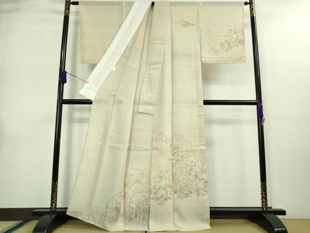 平和屋着物＊極上 夏物 訪問着 生紬 手描き 秋草 鬼灯 ほおずき 蜻蛉 練色地 逸品 未使用 DZAA9102kh5