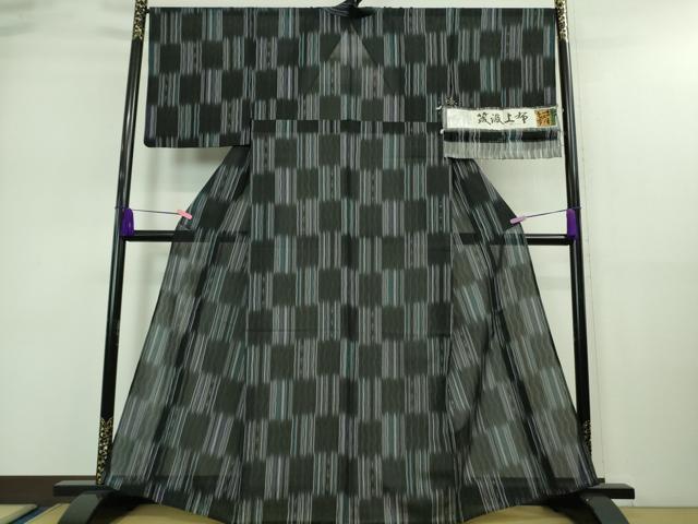 平和屋本店＊極上 夏物 伝統工芸士 七代目 吉澤与市 筬波上布 市松 黒地 証紙付き 逸品 DZAA9120kh5
