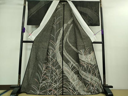 平和屋着物▽極上 訪問着 無双 紗袷 紗×紗 芒 すすき 黒地 逸品 DZAA9126kh5