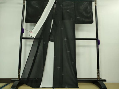 平和屋着物＊極上 夏物 絽芭蕉 小紋 縦絽 蜻蛉 トンボ 黒地 逸品 DZAA9160kh5