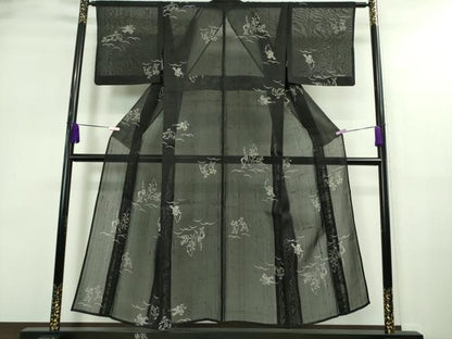 平和屋着物＊極上 夏物 絹芭蕉 紗紬 鳥獣戯画 黒地 逸品 DZAA9164kh5