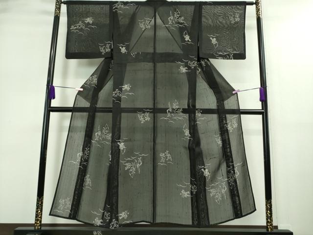 平和屋着物＊極上 夏物 絹芭蕉 紗紬 鳥獣戯画 黒地 逸品 DZAA9164kh5
