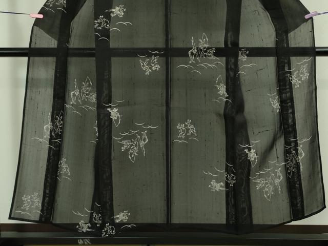 平和屋着物＊極上 夏物 絹芭蕉 紗紬 鳥獣戯画 黒地 逸品 DZAA9164kh5