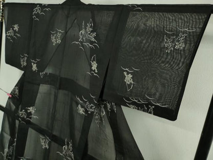 平和屋着物＊極上 夏物 絹芭蕉 紗紬 鳥獣戯画 黒地 逸品 DZAA9164kh5