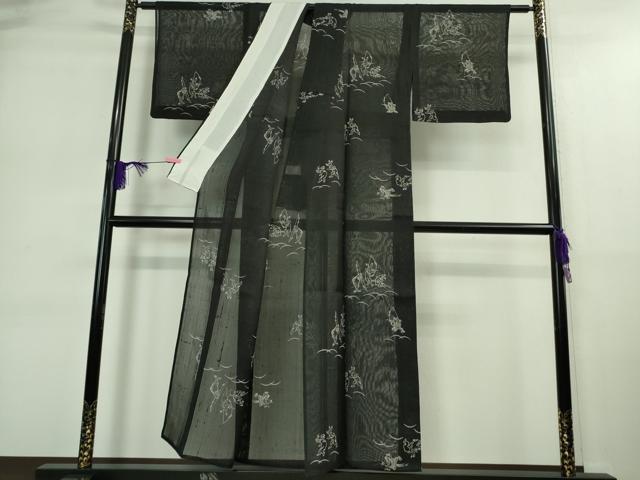 平和屋着物＊極上 夏物 絹芭蕉 紗紬 鳥獣戯画 黒地 逸品 DZAA9164kh5