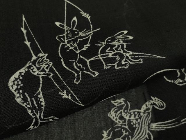平和屋着物＊極上 夏物 絹芭蕉 紗紬 鳥獣戯画 黒地 逸品 DZAA9164kh5