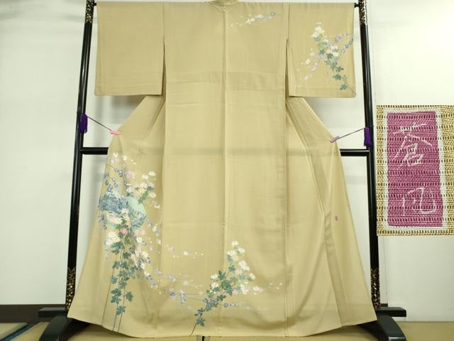 平和屋着物■極上　夏物　十日町友禅作家　岡村蒼風　訪問着　絽　風景枝花文　枯色地　逸品　DZAA9166kh5 平和屋着物＊極上 夏物 十日町友禅作家 岡村蒼風 訪問着 絽 風景