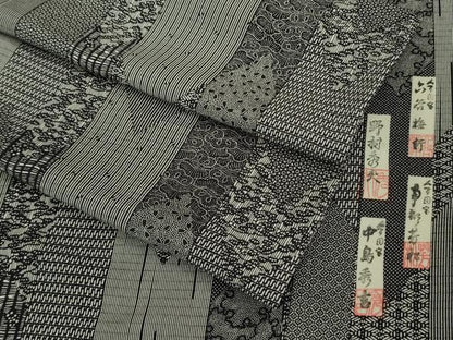 平和屋着物▽極上 人間国宝 六谷梅軒 南部芳松 野村秀夫 中島秀吉 江戸小紋 単衣 名物裂 矢羽根 黒紅色×白 逸品 DZAA9172kh5
