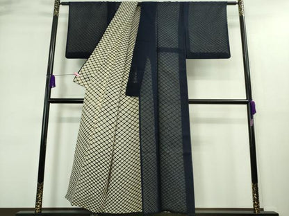 平和屋着物▽極上 小紋 無双 紗袷 紗×紗 網目文 濃藍色地 逸品 DZAA9175kh5