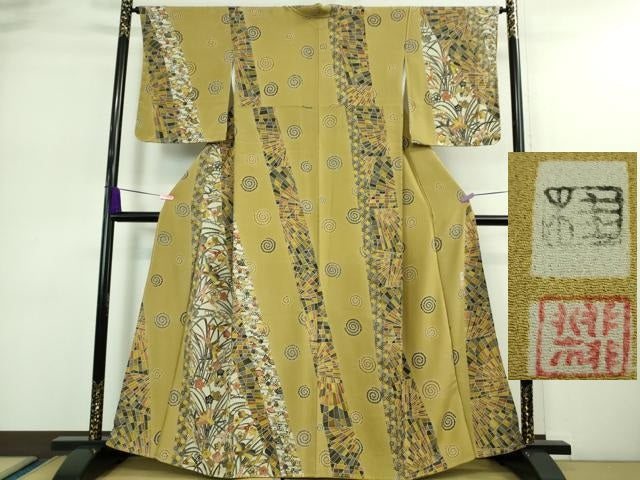 平和屋着物●極上　江戸紅型　五味桂子　訪問着　飛鳥草葉文　桑染色地　鬼しぼ縮緬　逸品　未使用　DZAA9195kh5