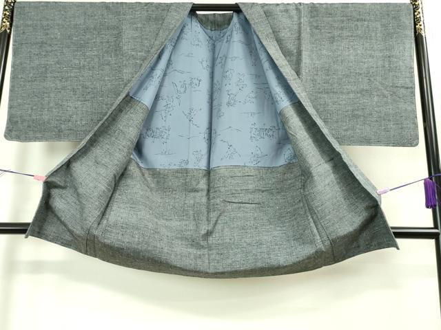 平和屋着物■極上　男性　紬　アンサンブル　長羽織　灰色　羽裏・鳥獣戯画　逸品　未使用　DZAA9202kh5