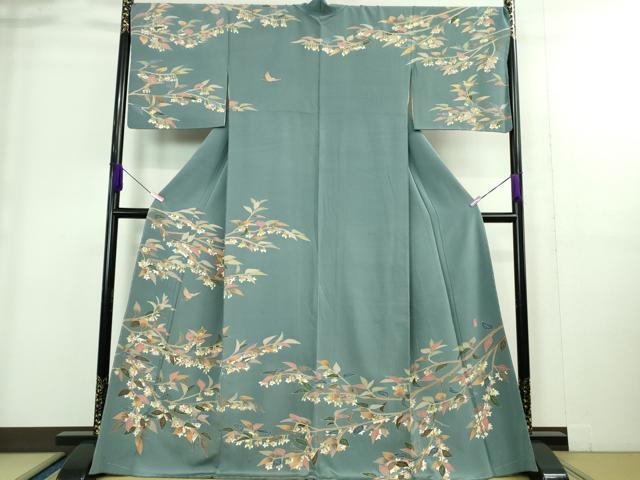 平和屋本店■極上　本加賀友禅作家　松島仁司　訪問着　枝花に小鳥　薄花色地　逸品　DZAA9243kh5