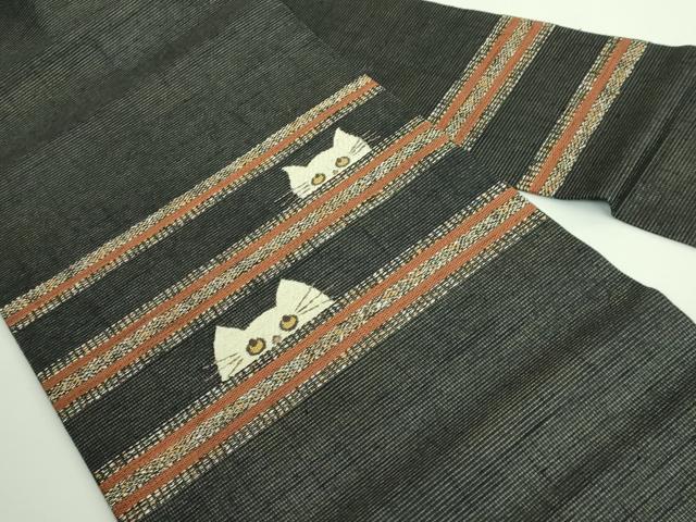 平和屋着物＊極上 夏物 染織の名門 しょうざん 生紬 九寸名古屋帯 ネコ 猫 黒地 逸品 DZAA9256kh5