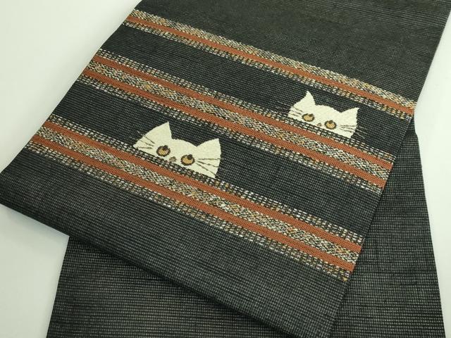 平和屋着物＊極上 夏物 染織の名門 しょうざん 生紬 九寸名古屋帯 ネコ 猫 黒地 逸品 DZAA9256kh5