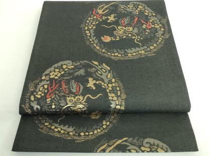 平和屋着物■極上　六通柄袋帯　紬地　龍　黒地　金糸　逸品　DZAA9276kh5