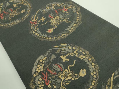 平和屋着物■極上　六通柄袋帯　紬地　龍　黒地　金糸　逸品　DZAA9276kh5