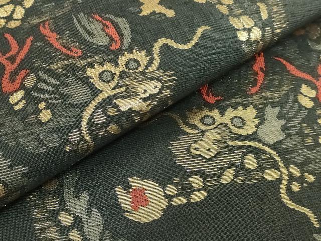 平和屋着物■極上　六通柄袋帯　紬地　龍　黒地　金糸　逸品　DZAA9276kh5