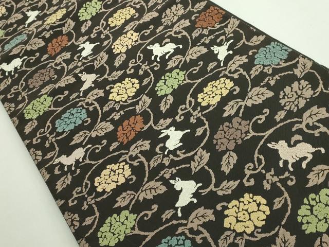 平和屋着物■極上　六通柄袋帯　唐織　花唐草　兎　黒茶色地　逸品　DZAA9335kh5