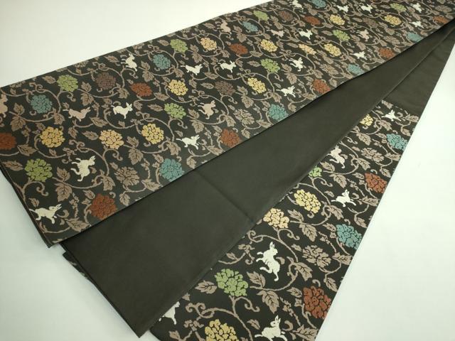 平和屋着物■極上　六通柄袋帯　唐織　花唐草　兎　黒茶色地　逸品　DZAA9335kh5