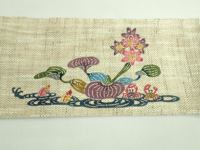 平和屋本店●極上　夏物　本場琉球紅型 琉球びんがた 知念紅型研究所 知念積元 八寸名古屋帯 流水花鳥文　麻　反端付き　逸品　DZAA9340kh5