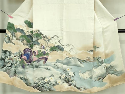 平和屋本店■極上　男性　訪問着　手描き　孔雀　白鷺　小鳥　象牙色地　逸品　DZAA9383kh5