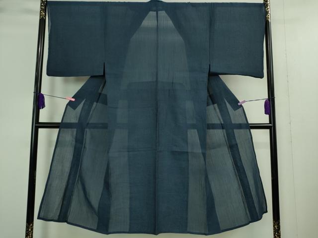 平和屋着物＊極上 夏物 男性 本場小千谷ちぢみ 麻 色無地 紺色 逸品 DZAA9390kh5
