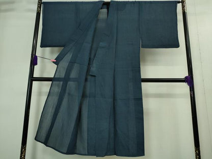 平和屋着物＊極上 夏物 男性 本場小千谷ちぢみ 麻 色無地 紺色 逸品 DZAA9390kh5
