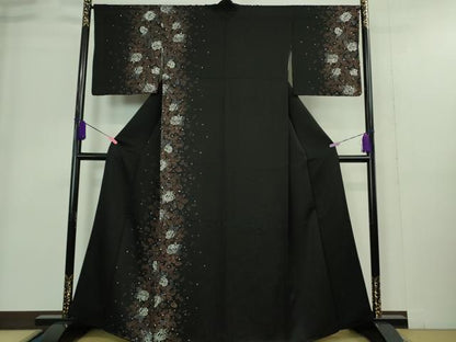 平和屋着物●極上 訪問着 ろうけつ染め 薔薇 バラ 黒地 金通し地 逸品 DZAA9394kh5