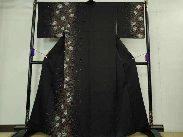 平和屋着物●極上 訪問着 ろうけつ染め 薔薇 バラ 黒地 金通し地 逸品 DZAA9394kh5