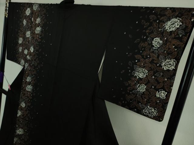 平和屋着物●極上 訪問着 ろうけつ染め 薔薇 バラ 黒地 金通し地 逸品 DZAA9394kh5