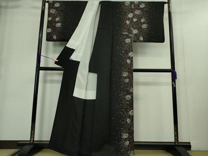 平和屋着物●極上 訪問着 ろうけつ染め 薔薇 バラ 黒地 金通し地 逸品 DZAA9394kh5