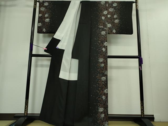 平和屋着物●極上 訪問着 ろうけつ染め 薔薇 バラ 黒地 金通し地 逸品 DZAA9394kh5