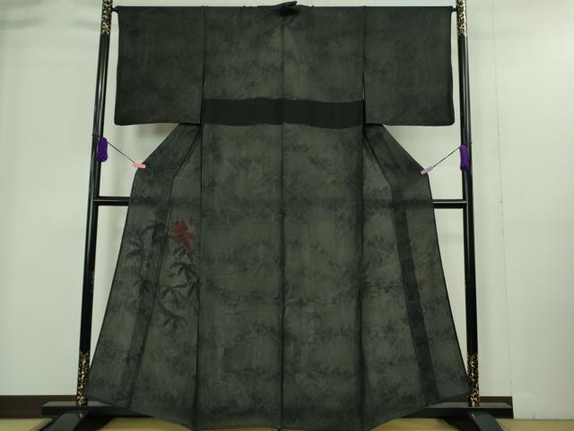 平和屋着物▽極上 訪問着 無双 紗袷 紗×絽 手描き ハイビスカス 黒地 逸品 DZAA9400kh5