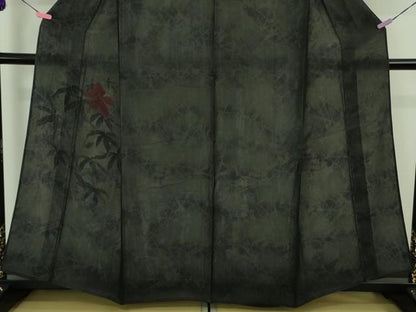 平和屋着物▽極上 訪問着 無双 紗袷 紗×絽 手描き ハイビスカス 黒地 逸品 DZAA9400kh5