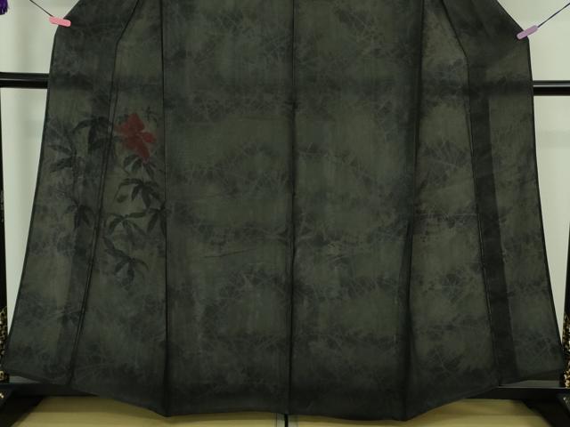 平和屋着物▽極上 訪問着 無双 紗袷 紗×絽 手描き ハイビスカス 黒地 逸品 DZAA9400kh5