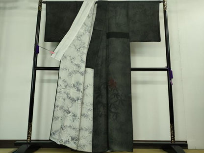 平和屋着物▽極上 訪問着 無双 紗袷 紗×絽 手描き ハイビスカス 黒地 逸品 DZAA9400kh5